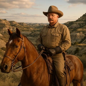 Teddy-Roosevelt-on-a-horse-in-the-Badlands-of-North-Dakota. AI generated.